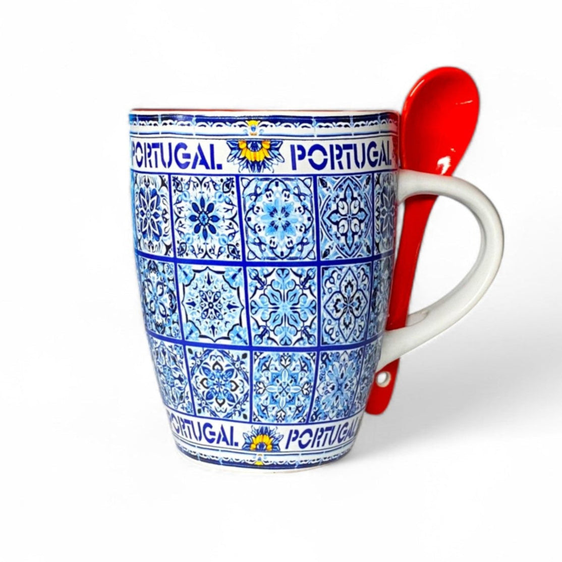 Portugal Keramik Souvenirbecher mit blauem Azulejo-Fliesenmuster und einem Löffel – Geschenkbox enthalten