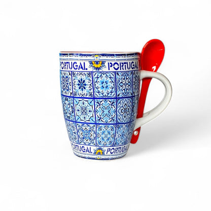 Portugal Keramik-Souvenirtasse mit blauem Azulejo-Fliesenmuster und Löffel – Geschenkbox inklusive

