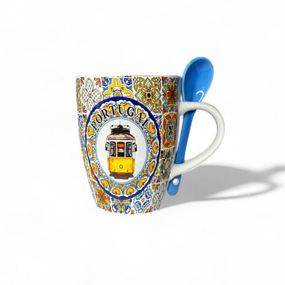 Portugal Ceramic Souvenir Mug with Tram Illustration, Traditional Tile Motifs and Spoon