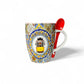 Tasse souvenir en céramique du Portugal avec illustration de tramway, motifs de carreaux traditionnels et cuillère