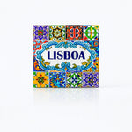 Square magnet with the word “Lisboa” centered in a baroque scroll design, surrounded by a multicolored mosaic of traditional Portuguese azulejo tile patterns