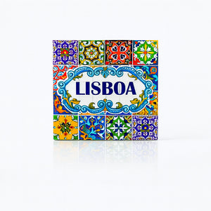Square magnet with the word “Lisboa” centered in a baroque scroll design, surrounded by a multicolored mosaic of traditional Portuguese azulejo tile patterns