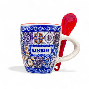 Decorative mug with 'Lisboa' text and a red spoon on a white background