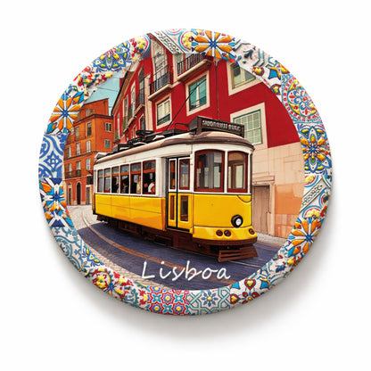 Lisbon ceramic coaster featuring iconic yellow tram and traditional Portuguese tile patterns