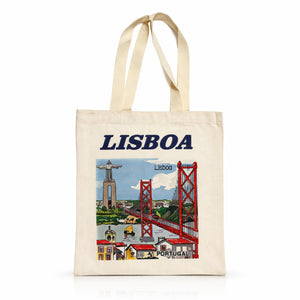 Front view of Lisbon souvenir cotton tote bag with Lisboa text and illustration of 25 de Abril Bridge and Cristo Rei.