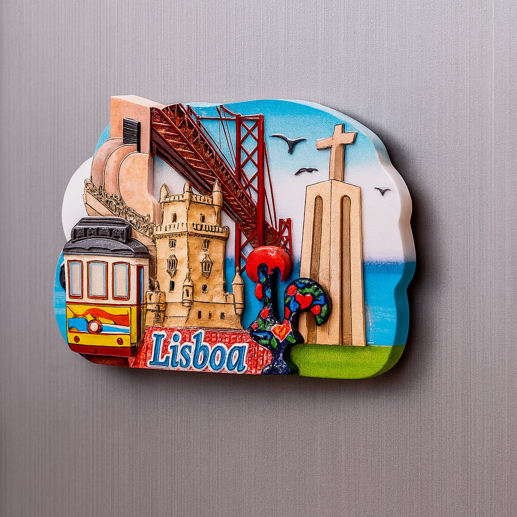 Fridge magnet with colorful illustrations of Lisbon landmarks on a gray background