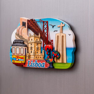 Fridge magnet with colorful illustrations of Lisbon landmarks on a gray background