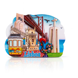 Lisbon souvenir magnet with 3D design showing Portuguese landmarks including tram 28, Torre de Belém, 25 de Abril Bridge, and Galo de Barcelos.