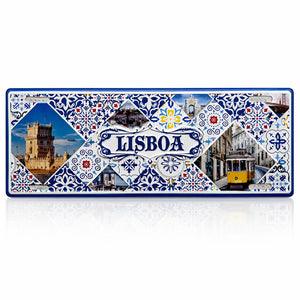 Lisbon Portugal souvenir metal sign with yellow tram, Belém Tower and traditional blue azulejos tile pattern.