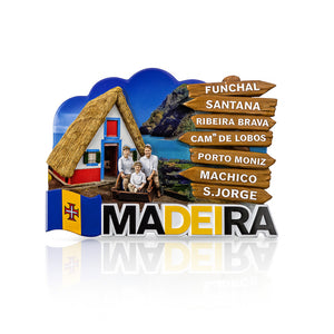 Madeira souvenir magnet with traditional Santana house, Madeira flag, coastal landscape, and Monte toboggan ride with locals in folk dress – iconic cultural gift from Portugal.