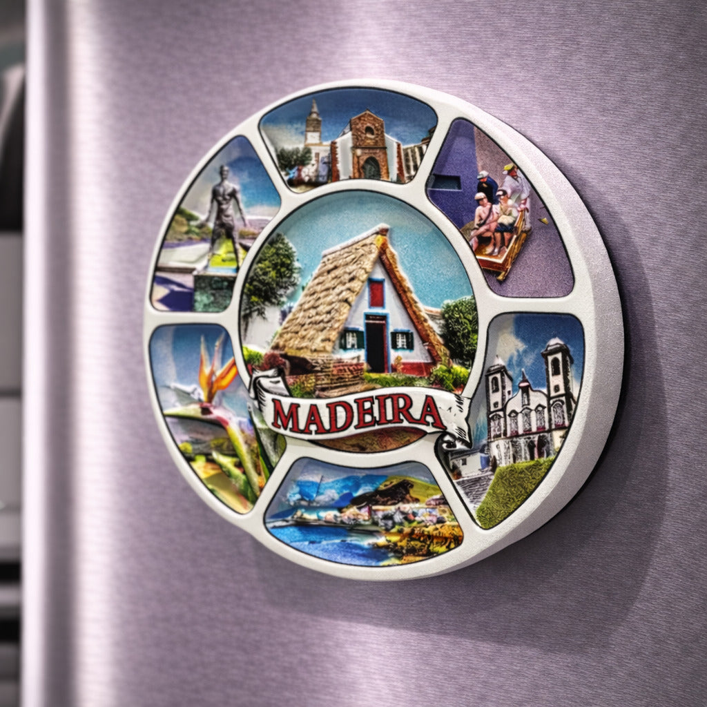 Madeira souvenir magnet placed on a fridge with traditional house, coastal landscapes, historic buildings and island scenes