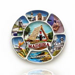 Madeira souvenir magnet with traditional house, coastal landscapes, historic buildings and island scenes