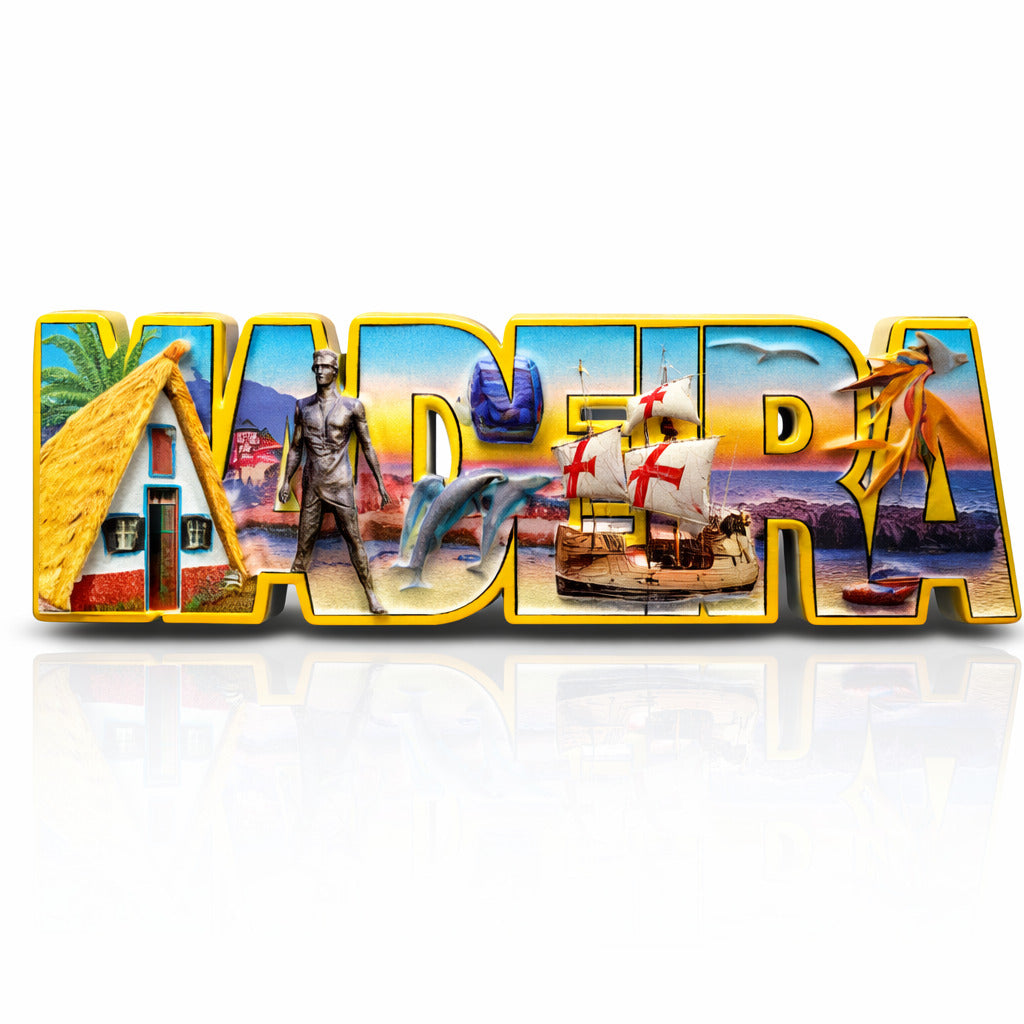 Madeira souvenir magnet with typographic design featuring traditional house, maritime ship, island monuments, and coastal scenery in Portugal