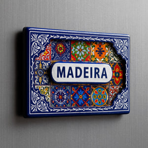 Decorative box with colorful patterns and 'MADEIRA' text on a gray background