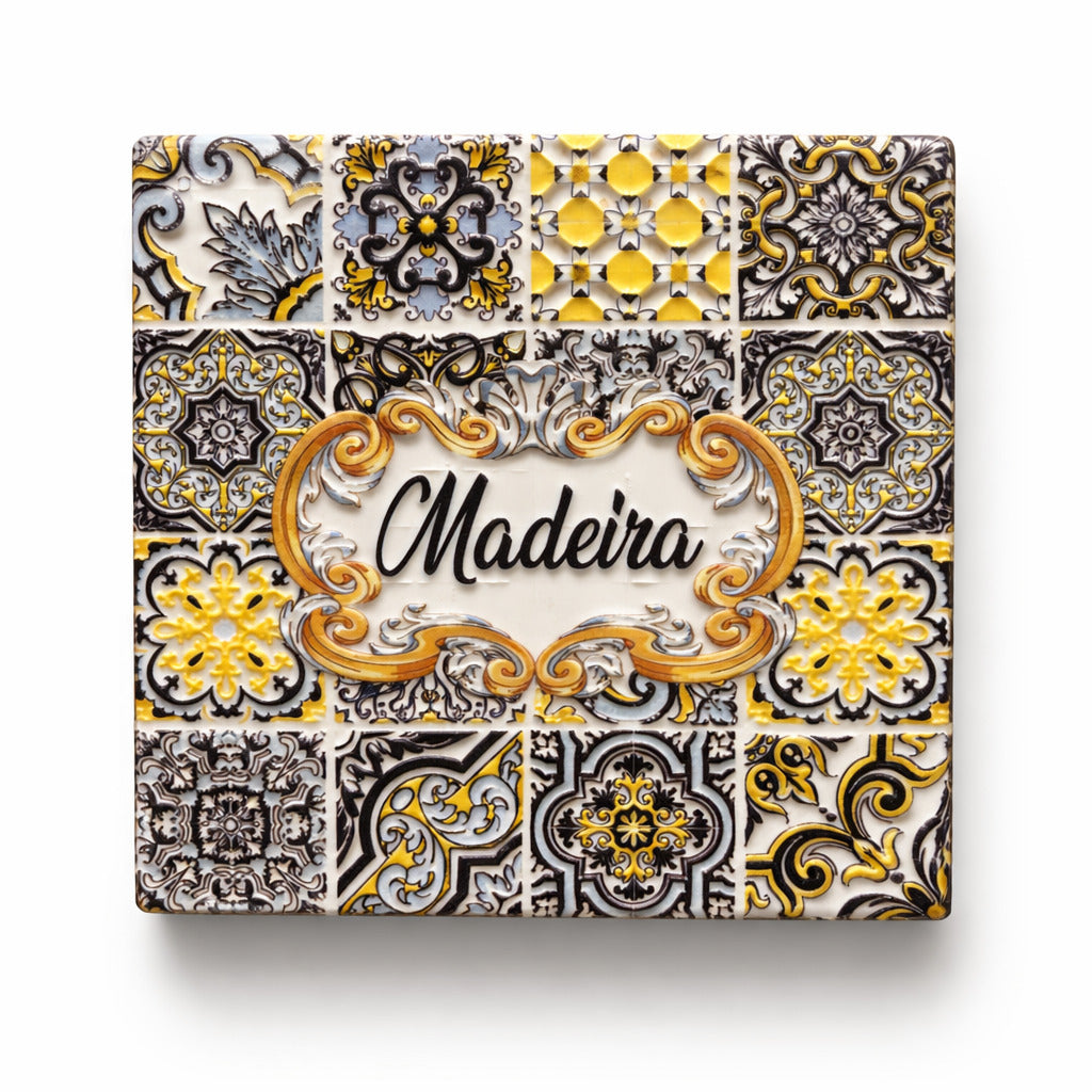 Square Madeira ceramic coaster with traditional Portuguese azulejos patterns and decorative frame
