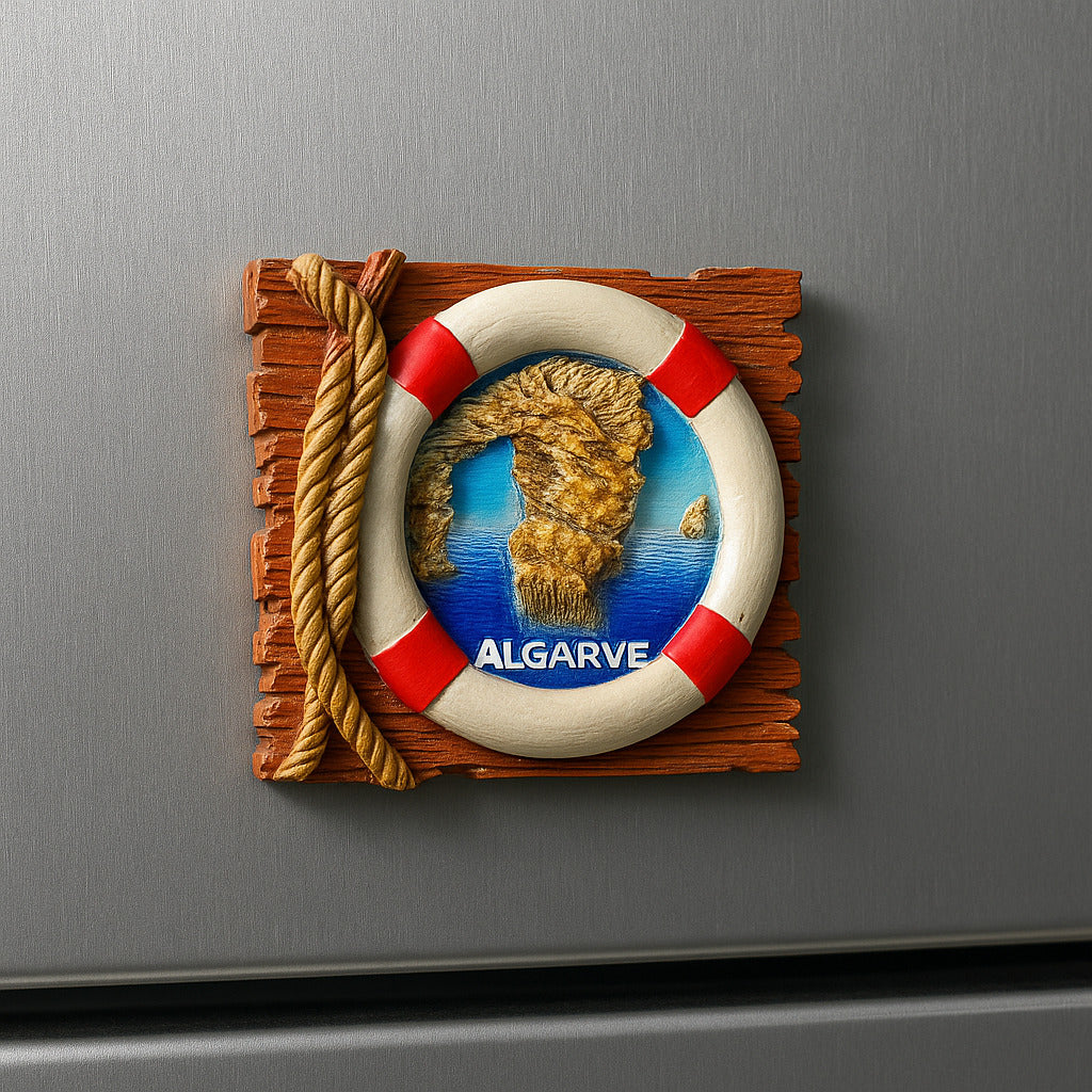 Decorative magnet with a life buoy design featuring a horse head and 'Algarve' text on a metallic surface.