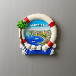 Fridge magnet with a scenic view of Madeira and a life buoy design on a gray background