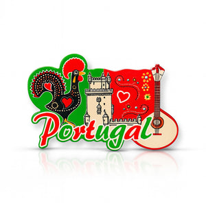 A colorful Portugal souvenir magnet featuring the Galo de Barcelos, Torre de Belem, and Portuguese guitar.