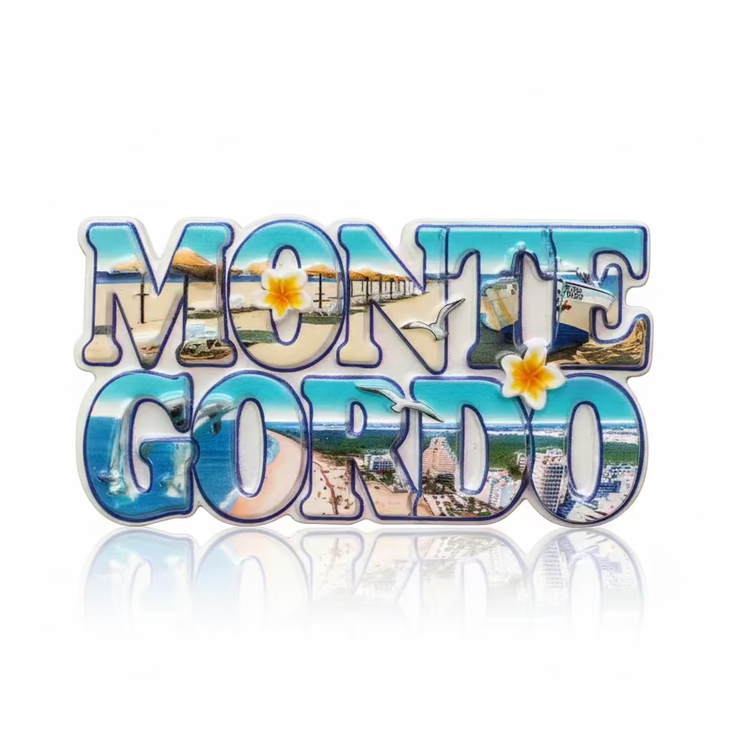 Monte Gordo souvenir magnet with photographic beach scenes forming the destination name
