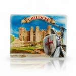 Óbidos souvenir magnet with illustrated medieval castle, warrior, shield and historic walls