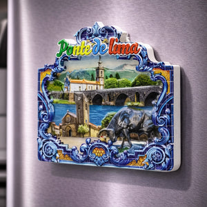 Ponte de Lima souvenir magnet placed on a fridge with illustrated historic bridge, traditional buildings and tile-inspired decorative frame