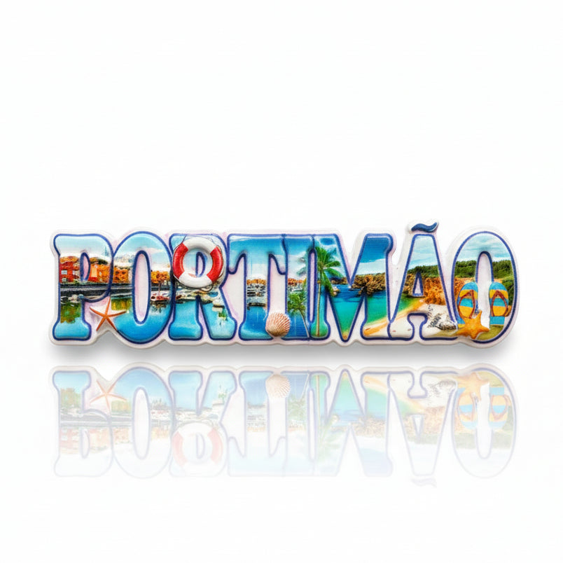 Portimão souvenir magnet with marina scenery, coastal landscapes and maritime decorative elements