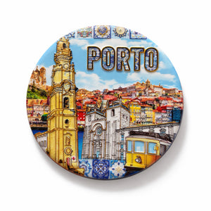 Porto ceramic coaster with colorful city landmarks illustration including Clérigos Tower and traditional tram