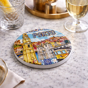 Detailed view of Porto ceramic coaster showing azulejos patterns and iconic city architecture
