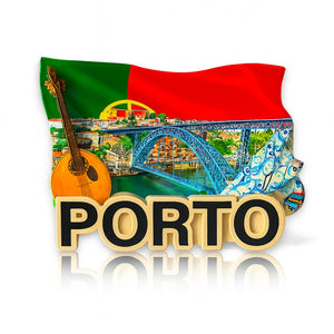 A colorful fridge magnet featuring iconic symbols of Porto, including the city's bridge, a guitar, and the Portuguese flag, with the name 'PORTO' prominently displayed.