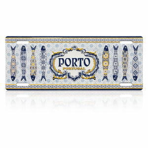Porto Portugal souvenir metal sign with decorative Portuguese sardines and traditional blue azulejos tile pattern.