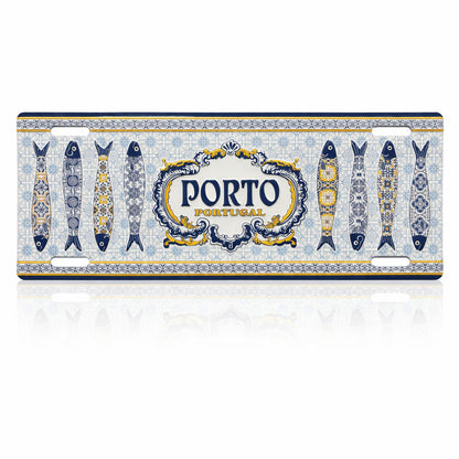 Porto Portugal souvenir metal sign with decorative Portuguese sardines and traditional blue azulejos tile pattern.