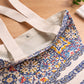 Interior view of Portugal azulejos cotton tote bag showing canvas lining and metal snap closure.