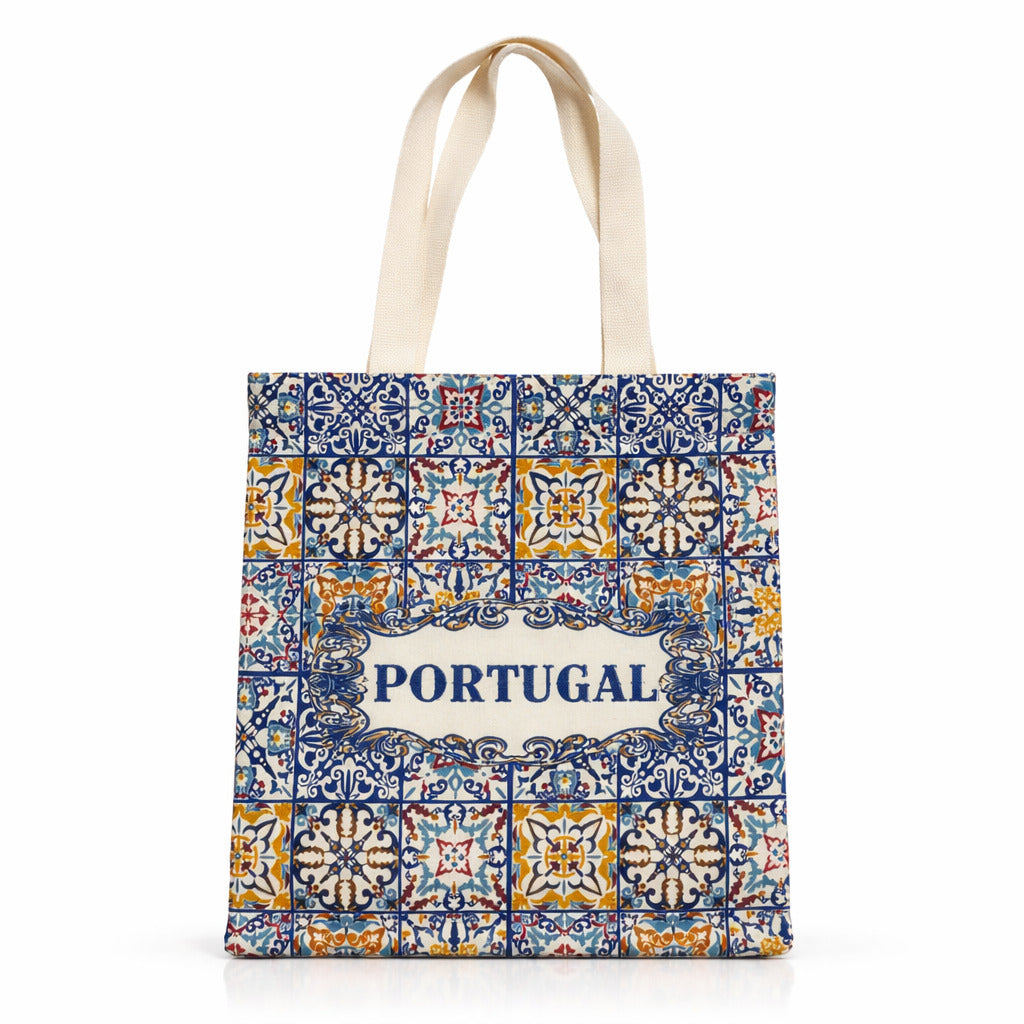 Portugal cotton tote bag souvenir featuring colorful traditional Portuguese azulejos tile pattern with Portugal text.