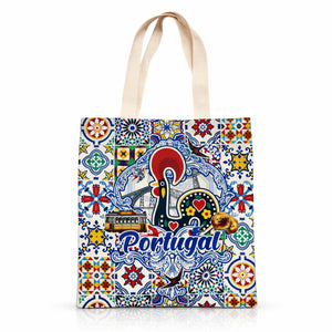 Front view of Portugal souvenir tote bag with Barcelos rooster illustration, Lisbon tram and colorful azulejos tiles.
