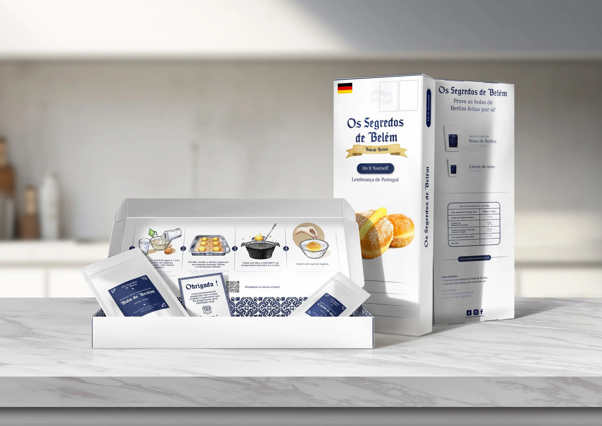 Complete Portugal Bola de Berlim cooking kit with ingredients, packaging and preparation set