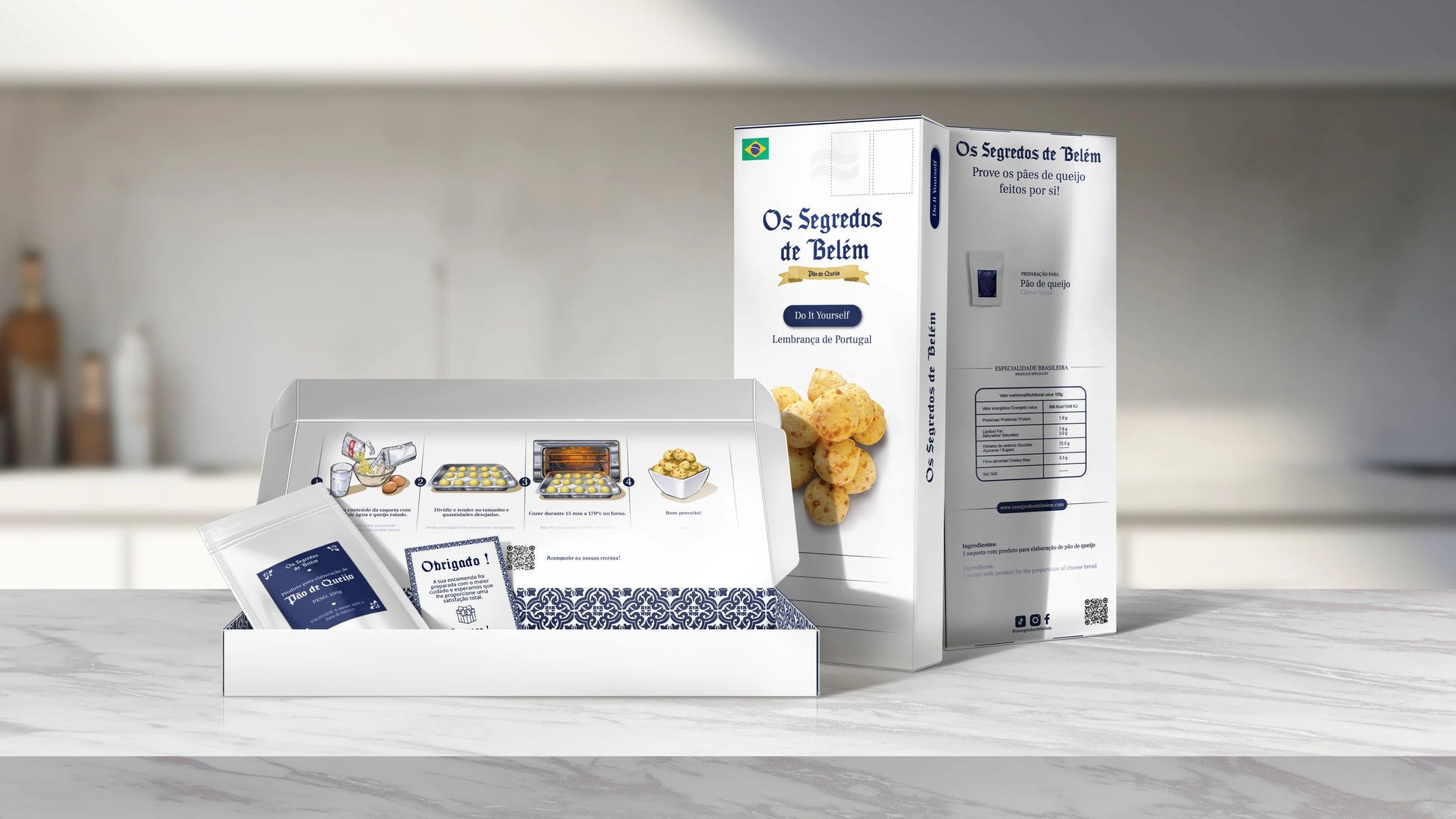 Complete Portugal cheese balls cooking kit with packaging, ingredients and preparation set