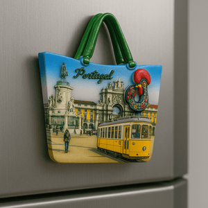 Fridge magnet with a design of a tram and architectural elements, labeled 'Portugal', on a metallic surface.