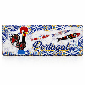 Portugal souvenir metal sign with Rooster of Barcelos, colorful sardines and traditional blue azulejos tile pattern.