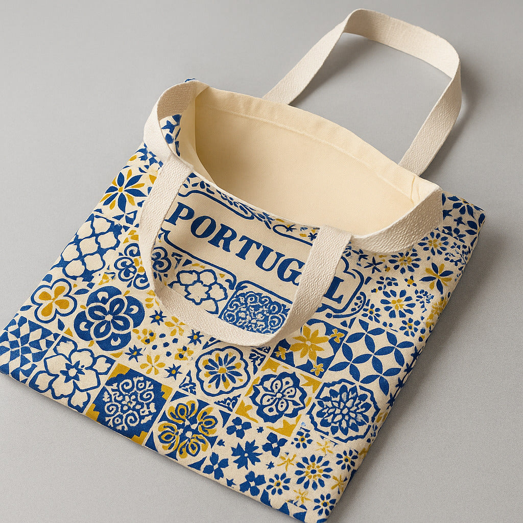 Tote bag with Portuguese design on a gray background