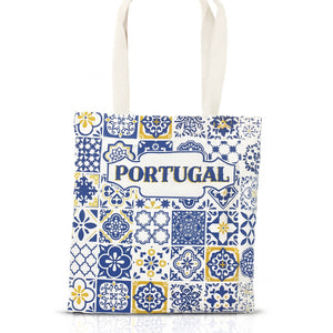 Tote bag with Portuguese tile pattern and 'Portugal' text on a white background
