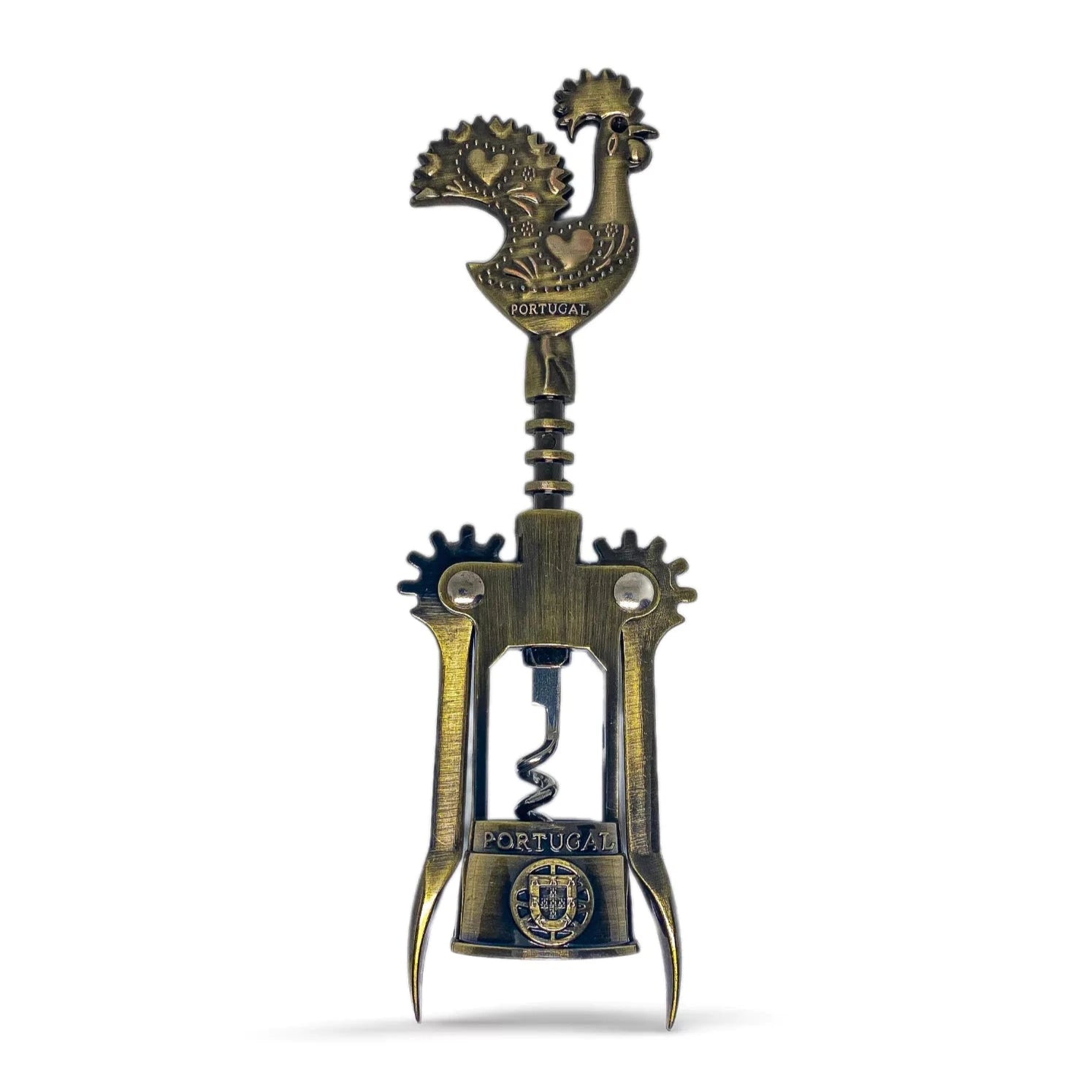 A bronze corkscrew with intricate details is shown. The handle, shaped like the Barcelos Rooster—a symbol often associated with Portugal—features a heart design. The midsection also displays the word "Portugal." This charming souvenir has two levers and a turning mechanism.