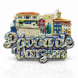 Póvoa de Varzim souvenir magnet featuring classic city monuments, azulejo-style lettering, and the iconic casino landmark in Portugal