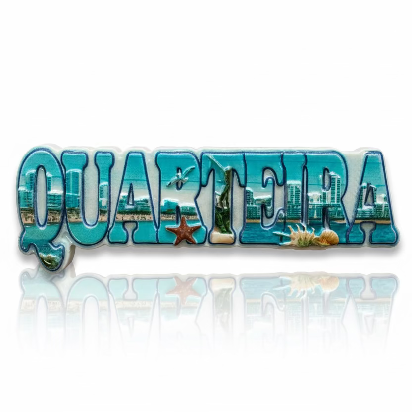 Quarteira souvenir magnet with coastal city imagery, ocean elements and sea-inspired details