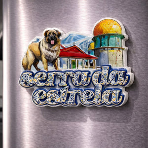 Serra da Estrela souvenir magnet placed on a souvenir with mountain landscape, architectural elements and tile-inspired lettering