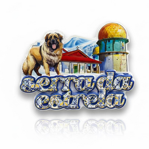 Serra da Estrela souvenir magnet with mountain landscape, architectural elements and tile-inspired lettering