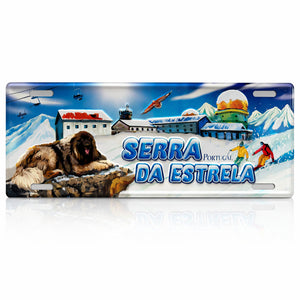 Serra da Estrela Portugal souvenir metal sign with snowy mountains, ski scene, cable cars and Serra da Estrela mountain dog.
