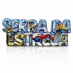Serra da Estrela Portugal souvenir magnet with typographic design, azulejo-style patterns, sheep imagery, and mountain village elements
