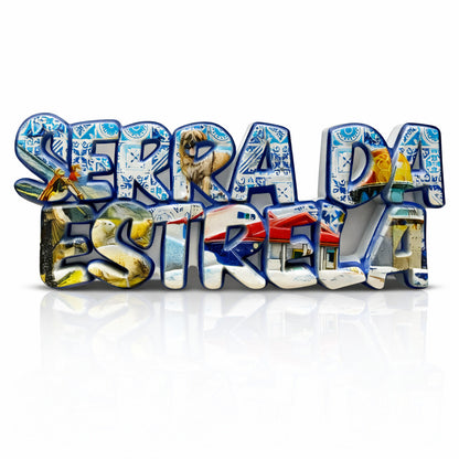 Serra da Estrela Portugal souvenir magnet with typographic design, azulejo-style patterns, sheep imagery, and mountain village elements