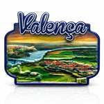 Valença Portugal souvenir magnet featuring a panoramic river landscape, green fields, and the historic town with red-tiled rooftops