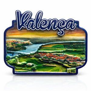 Valença Portugal souvenir magnet featuring a panoramic river landscape, green fields, and the historic town with red-tiled rooftops
